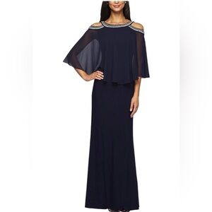 ALEX EVENINGS Cold Shoulder Popover Jersey & Chiffon Gown Beaded Neckline 16W